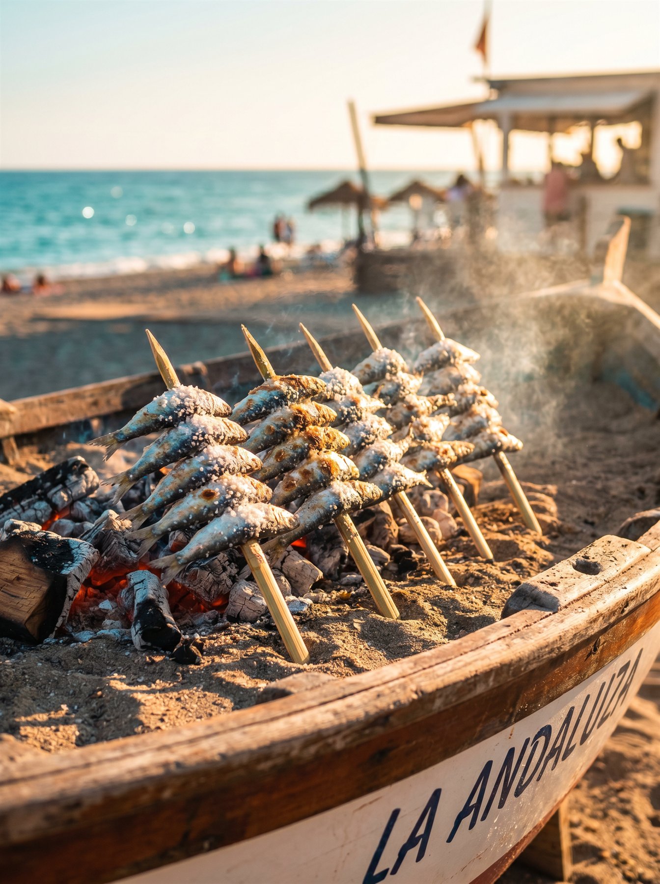 Espeto de sardinas asándose sobre brasas en la playa de Málaga