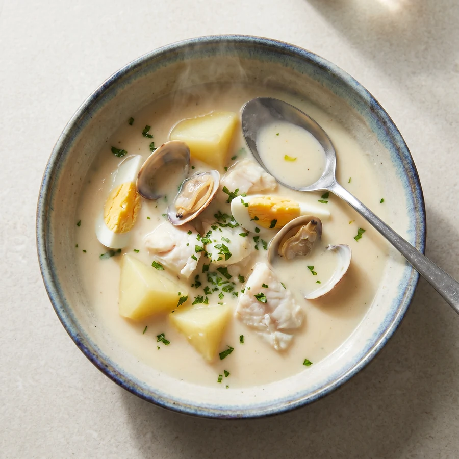 Gazpachuelo malagueño con patata, pescado blanco, almeja y huevo cocido